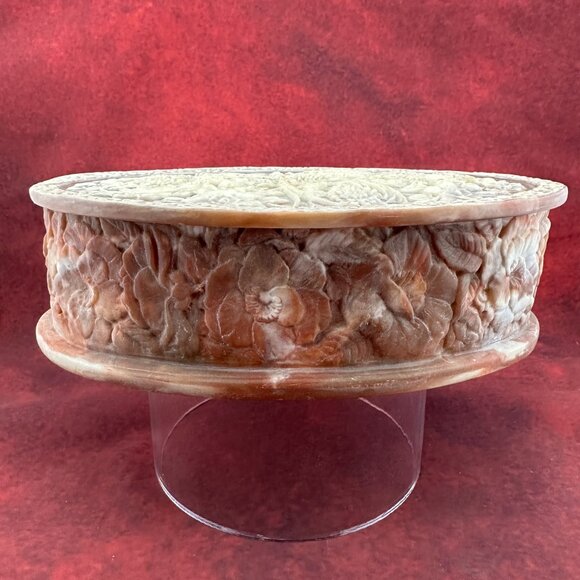 VINTAGE GENUINE INCOLAY STONE JEWELRY BOX OVAL HANDCRAFTED CARVED FLORAL DESIGN